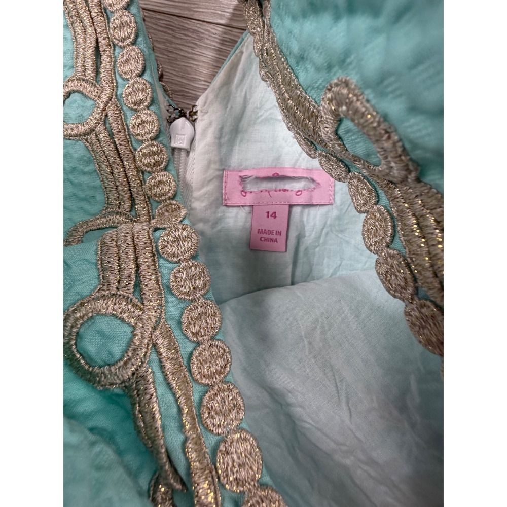 Lilly Pulitzer Aqua Blue Seersucker Gold Soutache V-Neck Shift Dress Womens 14 - Picture 2 of 8